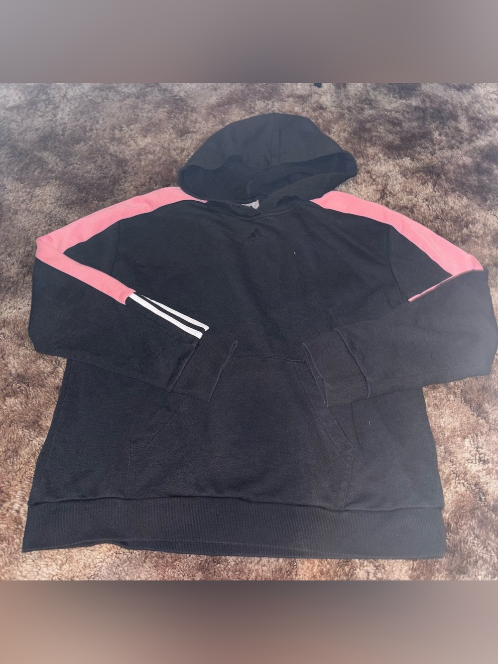 adidas Black Hoodie with Pink Shoulder Panels and White Sleeve Stripes